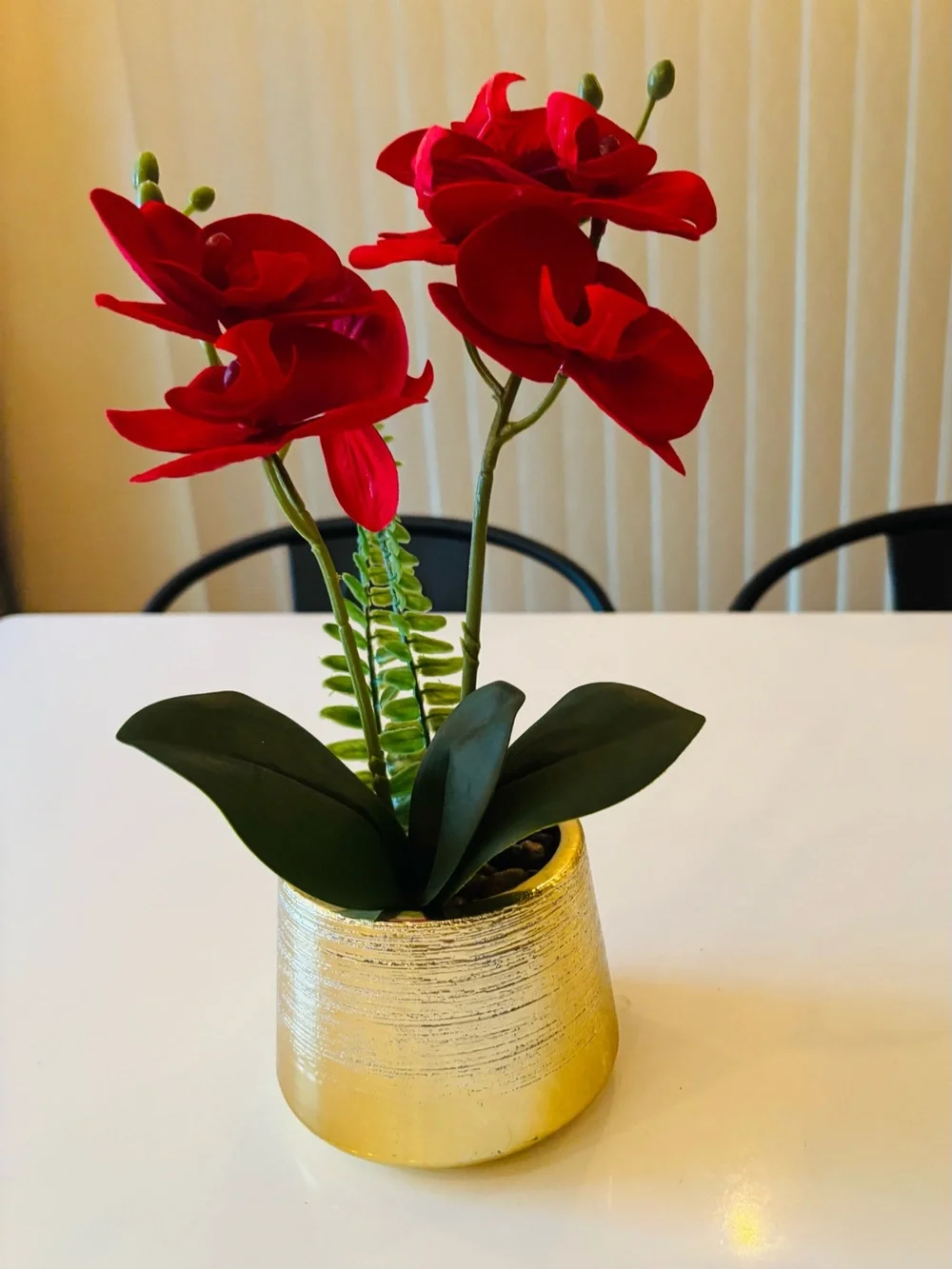 Red Artificial Orchid Arrangement in Gold Vase